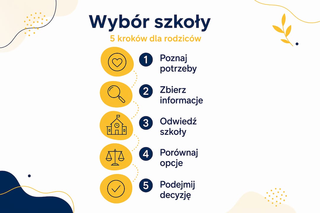 Infografika przedstawiająca pięć etapów wyboru szkoły