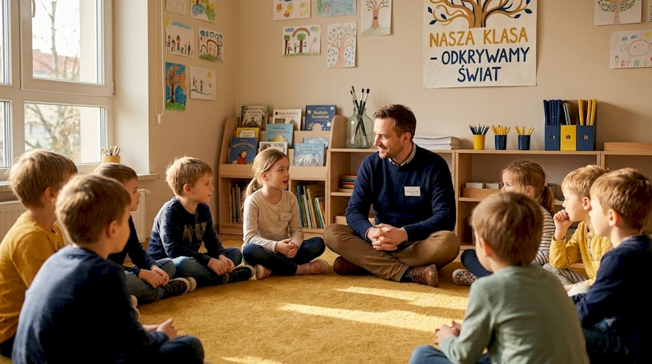Nauczyciel prowadzi z dziećmi wspólną dyskusję podczas zajęć w klasie.