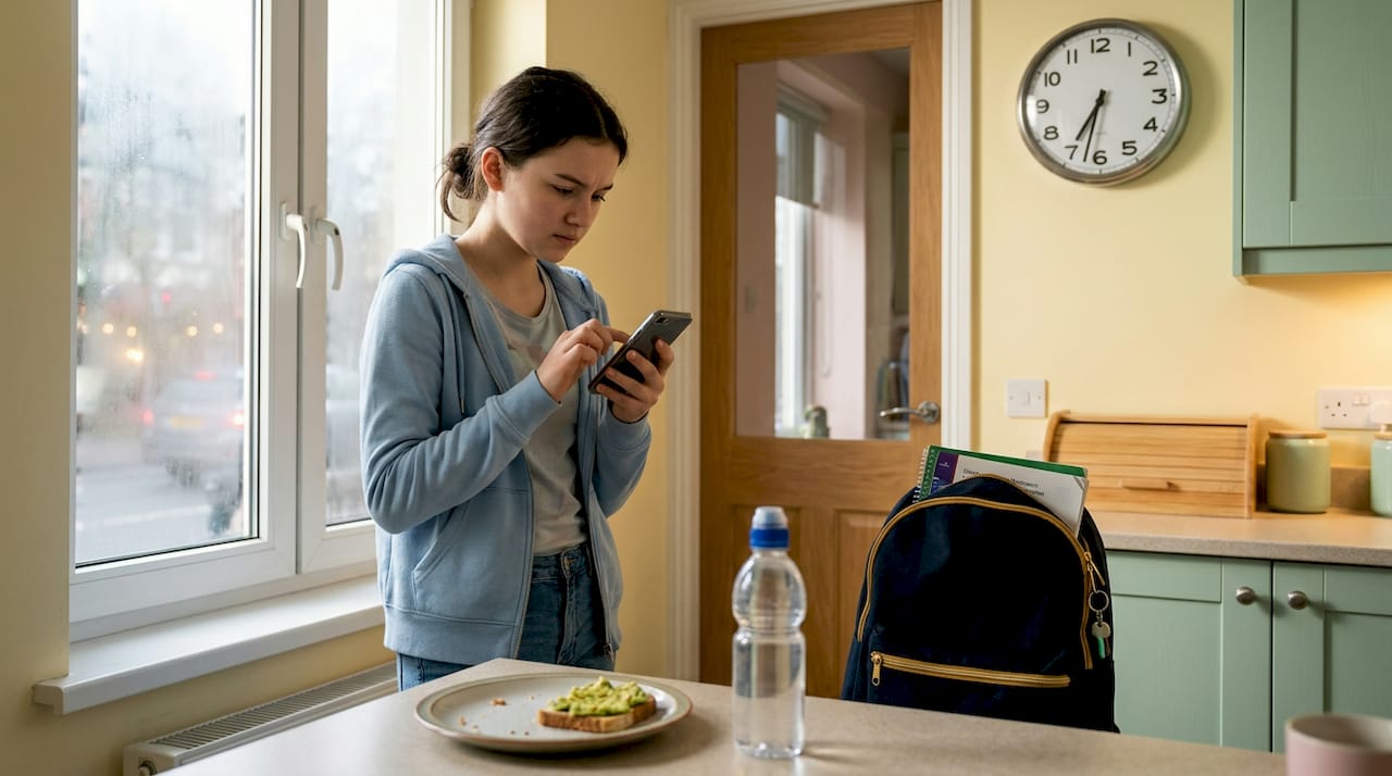 Nastolatka sprawdza na telefonie, jak dojechać do szkoły.