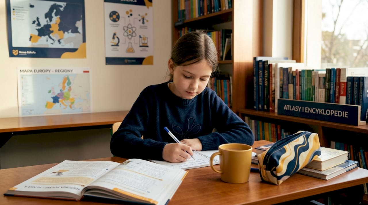 Studentka samodzielnie pracuje przy swoim biurku.