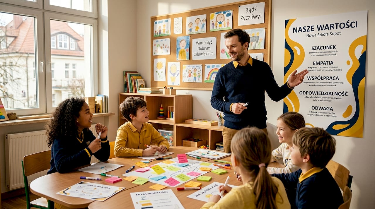 Nauczyciel prowadzi z uczniami zajęcia poświęcone wartościom.