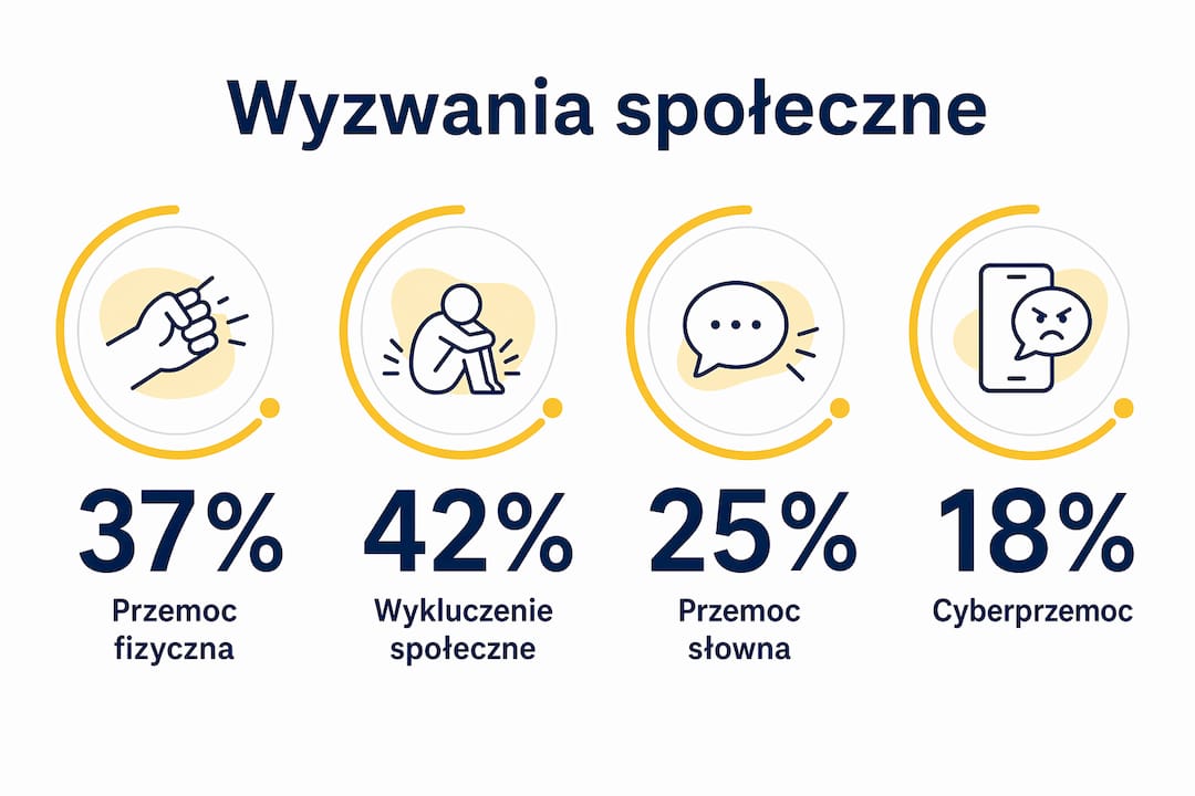 Infografika pokazująca najczęstsze problemy i trudności, z jakimi młodzi ludzie mierzą się w kontaktach z rówieśnikami.