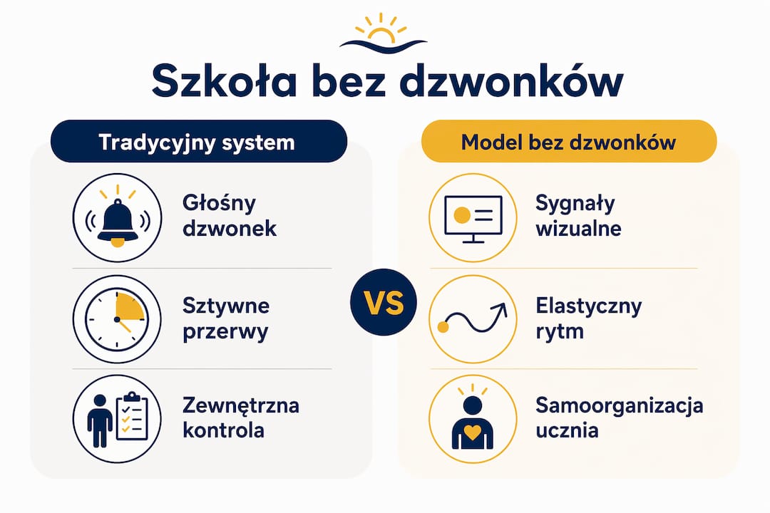 Infografika: porównanie tradycyjnej szkoły z modelem bez dzwonków