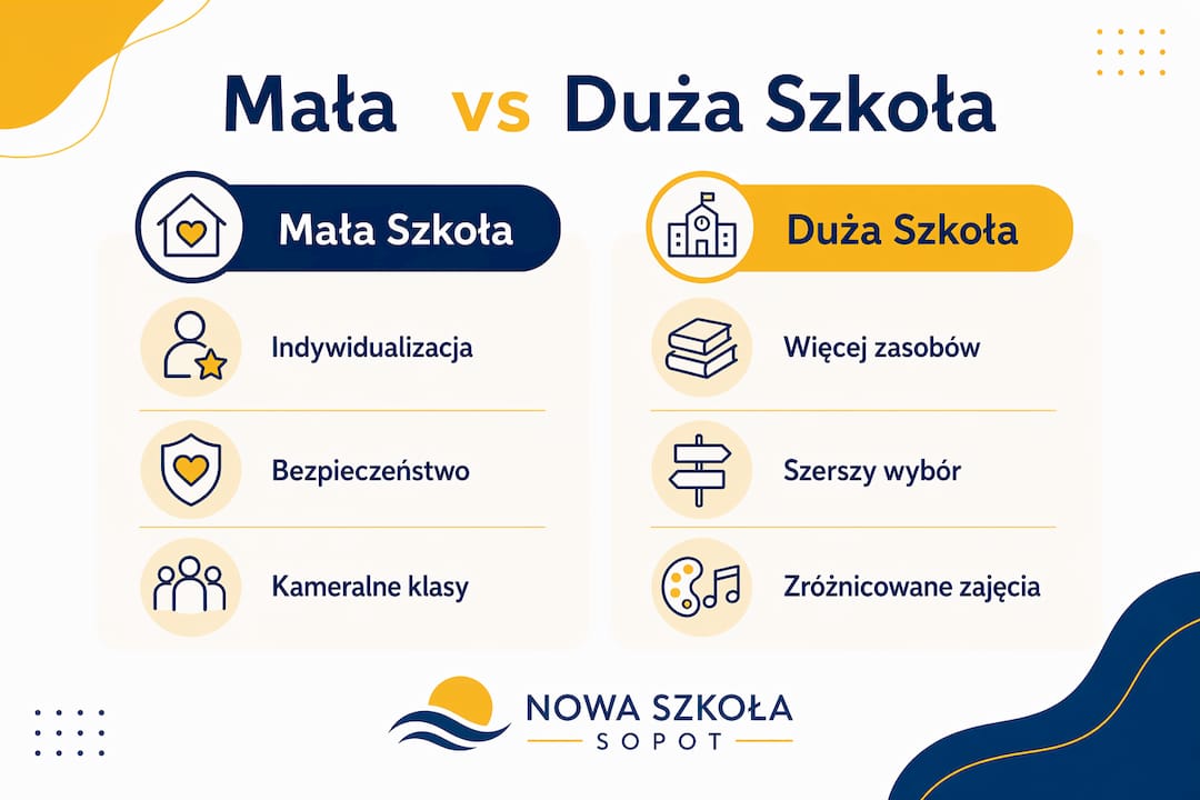 Porównanie zalet i wad małych oraz dużych szkół w formie infografiki