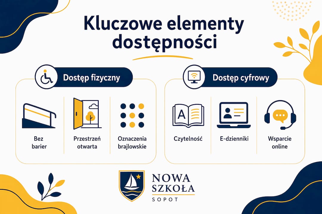 Grafika pokazująca najważniejsze aspekty dostępności w edukacji