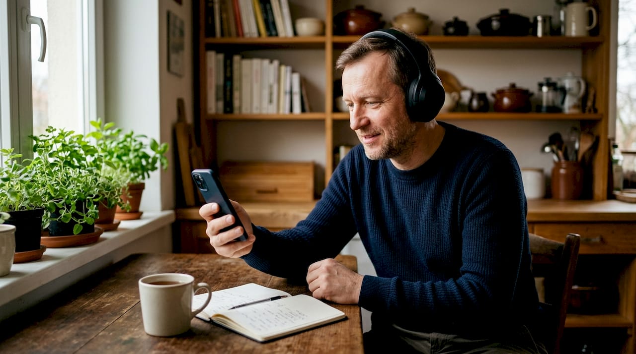 Facet siedzi w domu i słucha podcastu o nauce angielskiego.