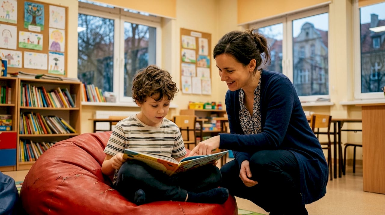 Student korzysta z pomocy mentora podczas wspólnej nauki w zacisznym kącie biblioteki.