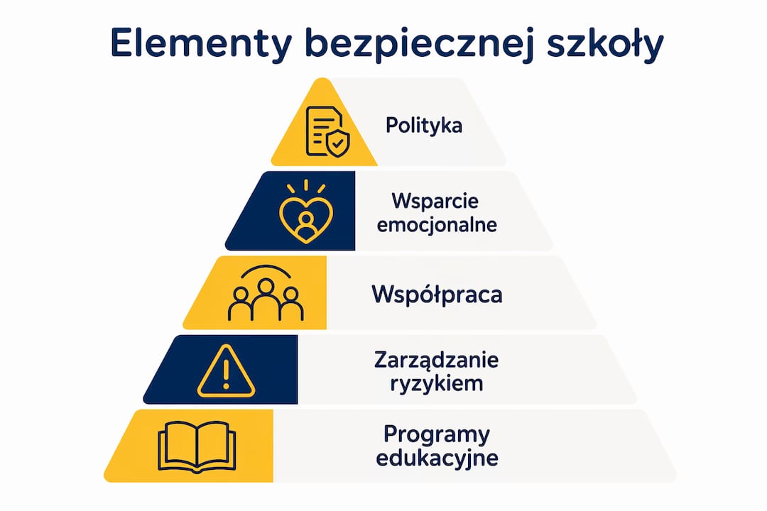 Infografika ukazująca, co składa się na bezpieczną atmosferę w szkole