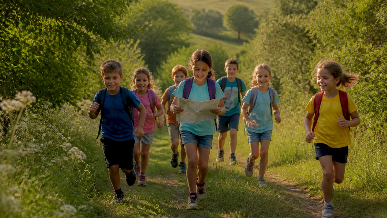 Dzieci spacerują ścieżką edukacyjną na świeżym powietrzu.