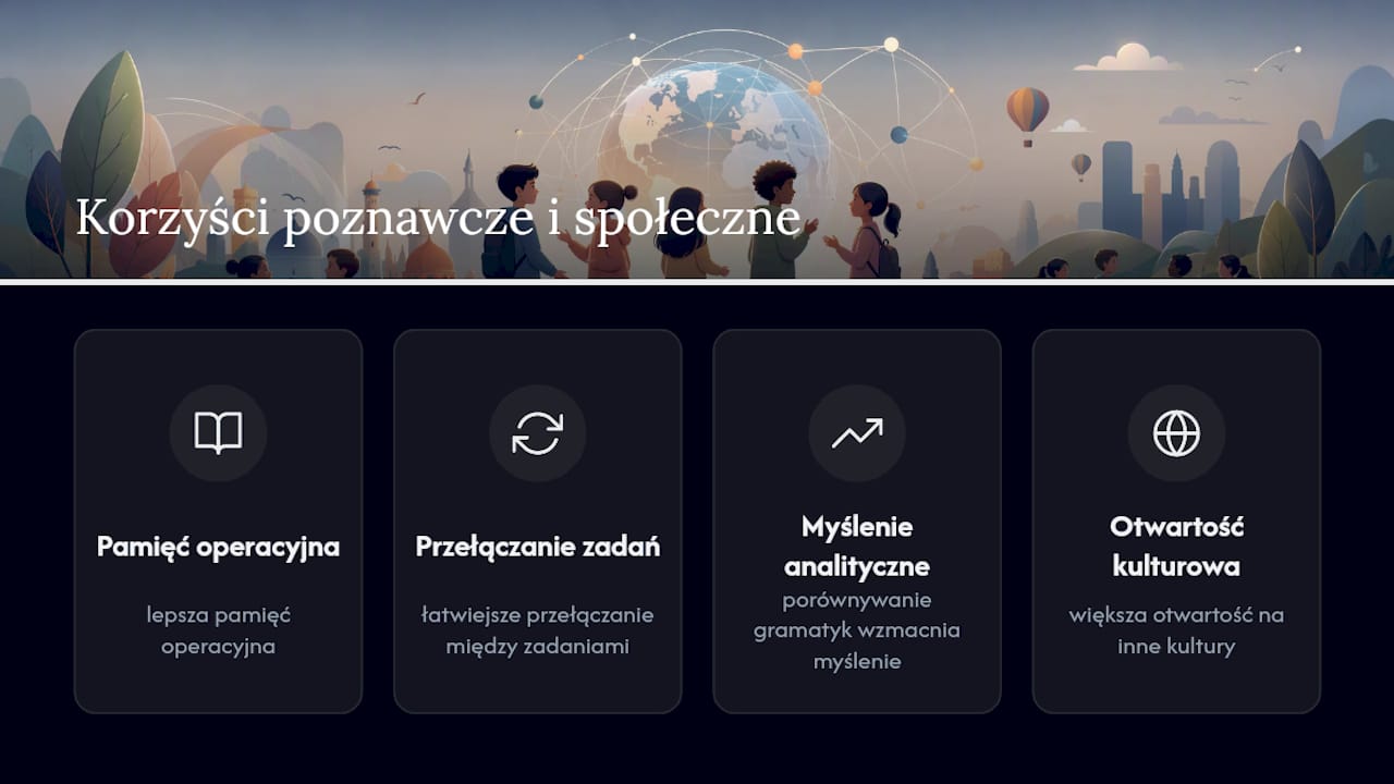 Schemat pokazujący korzyści poznawcze płynące z nauki drugiego języka