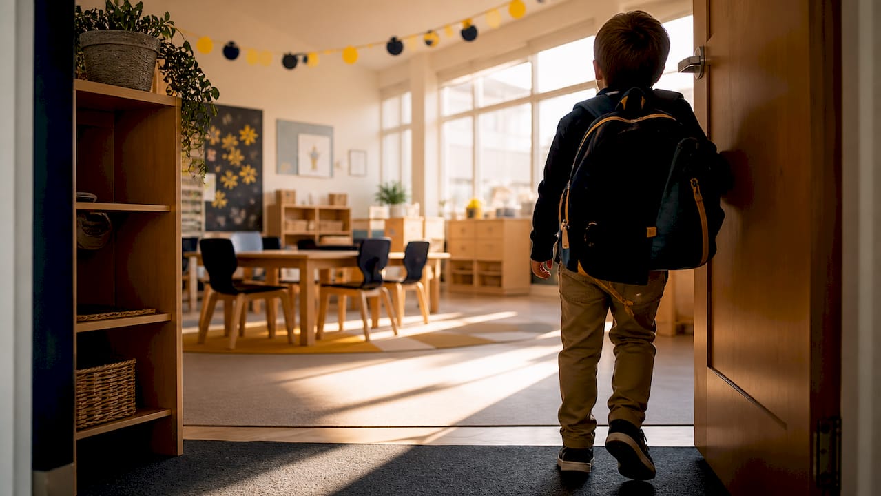 Pusta sala lekcyjna w prywatnej szkole, oświetlona naturalnym światłem