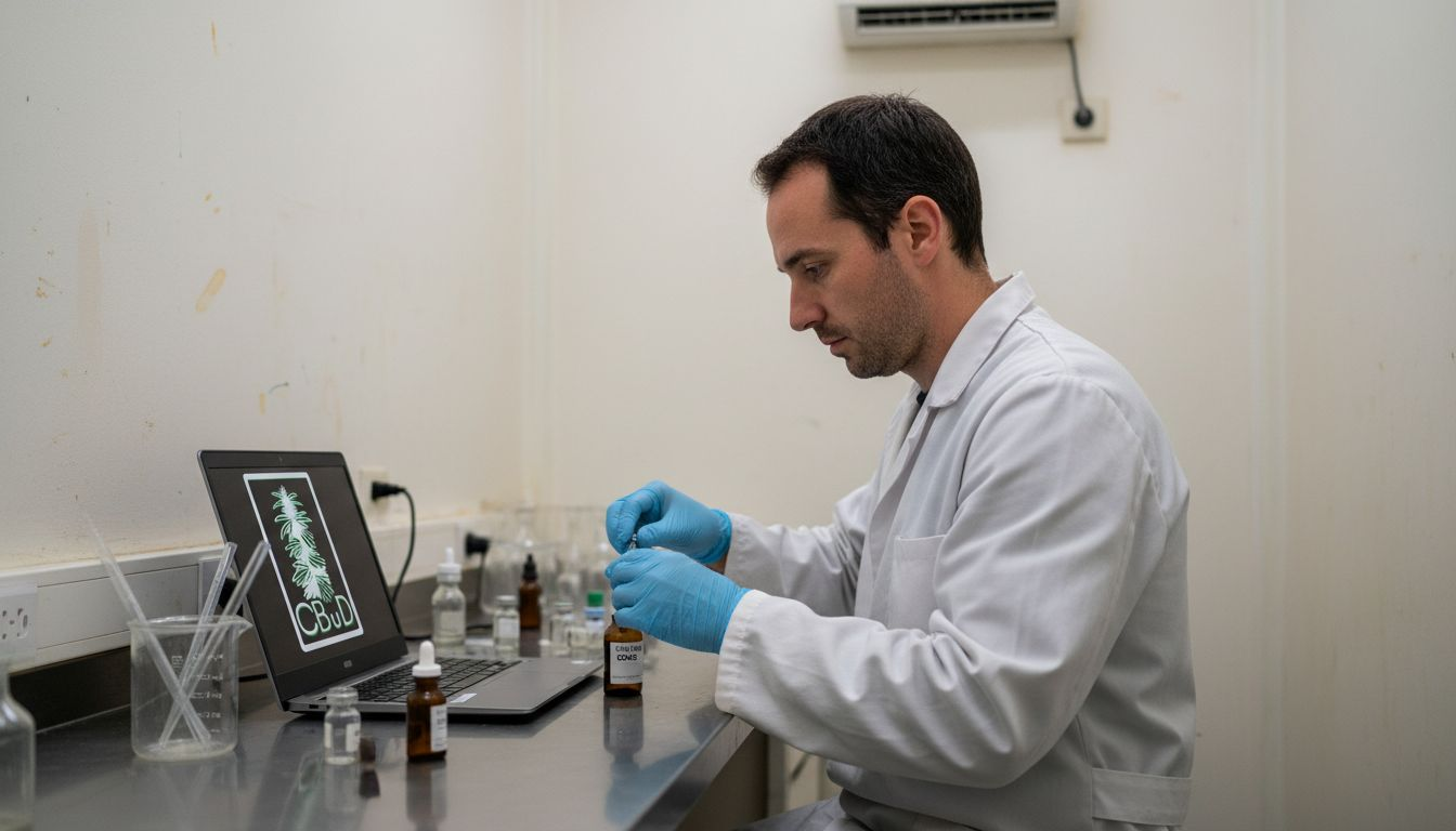 Un technicien prépare des échantillons de CBD dans un laboratoire, manipulant avec soin différentes fioles.