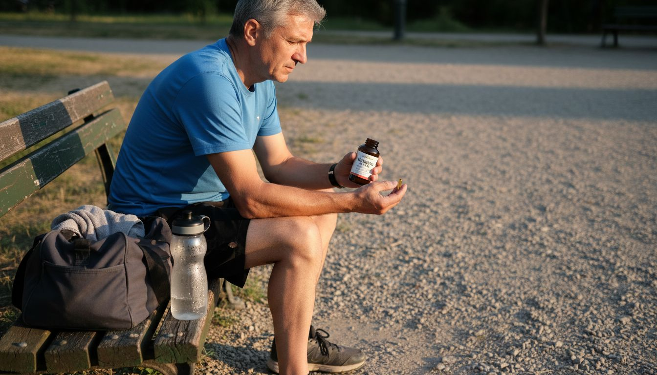 Un bărbat analizează un supliment cu Ginseng Panax în aer liber, curios să descopere beneficiile acestuia.