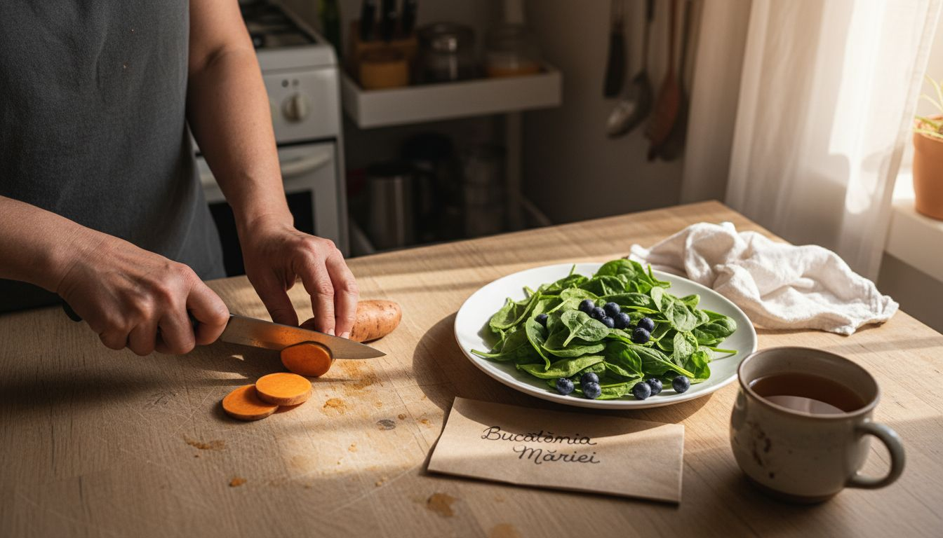 Pe masa din bucătărie, cineva taie legume cu proprietăți antiinflamatorii, pregătindu-le pentru o rețetă sănătoasă.