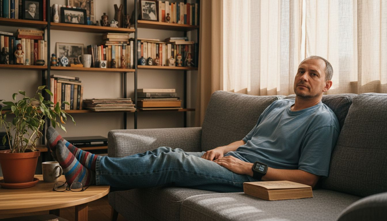 Un bărbat testează un dispozitiv de biohacking în confortul propriei case.