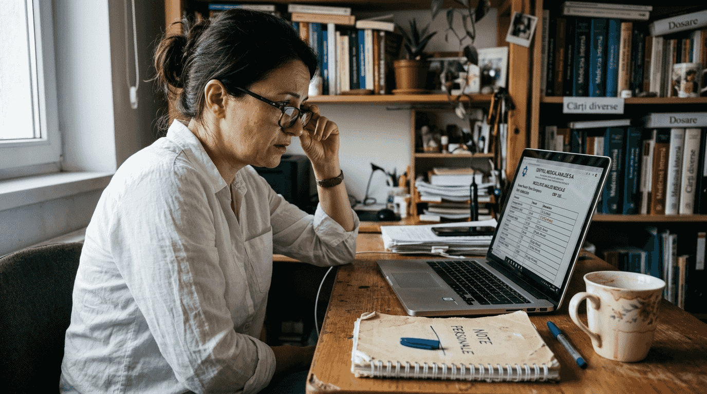 O femeie analizează rezultatele investigațiilor nutriționale la birou.