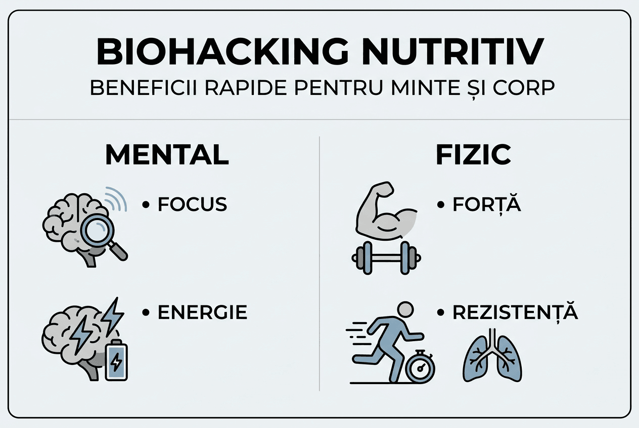 Infografic: biohacking pentru minte și corp – strategii de nutriție și optimizare personală