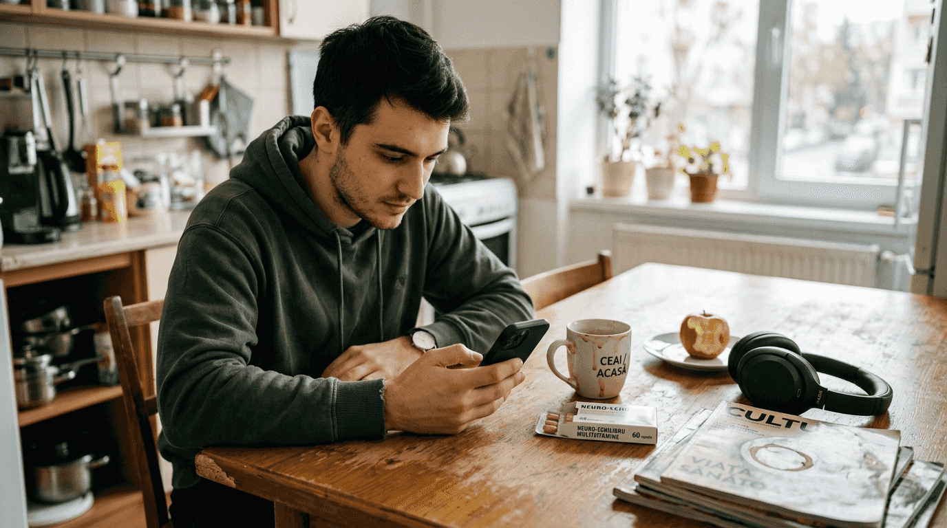 Un bărbat stă la masa din bucătărie și răsfoiește diverse metode pentru a-și îmbunătăți starea de bine.