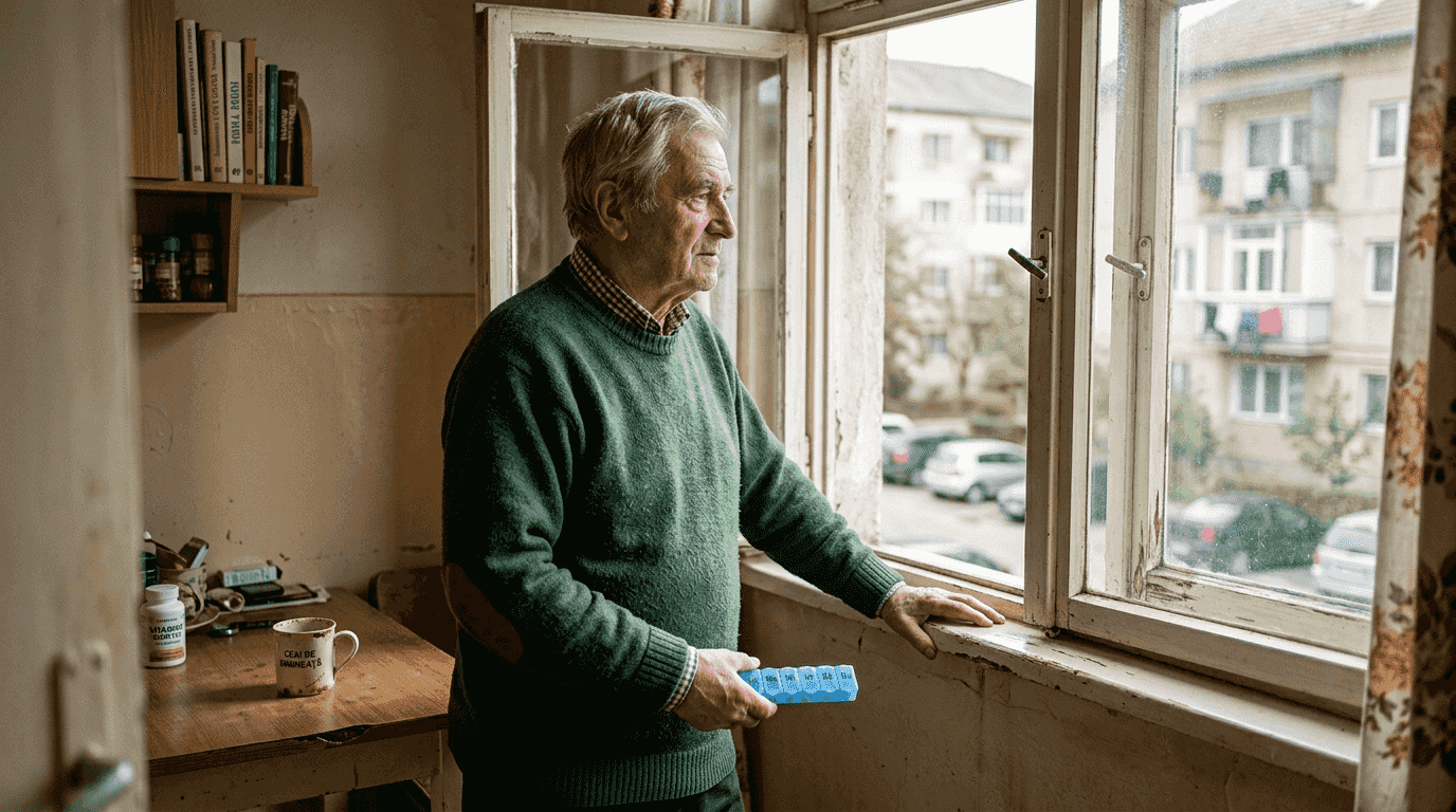 Un bărbat în vârstă stă lângă fereastră și ține în mână o cutie pentru pastile.
