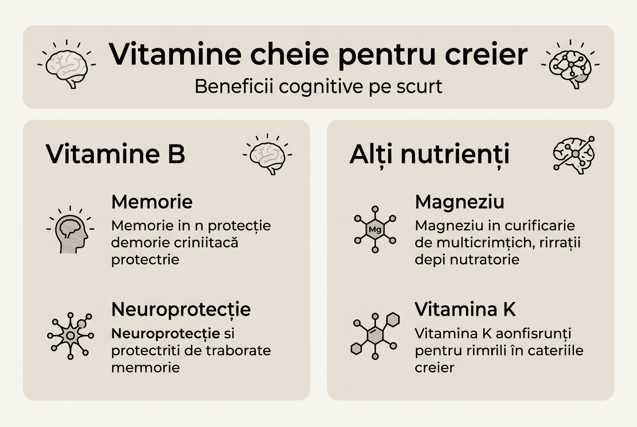 Infografic: vitamine esențiale pentru sănătatea creierului și avantajele lor cognitive