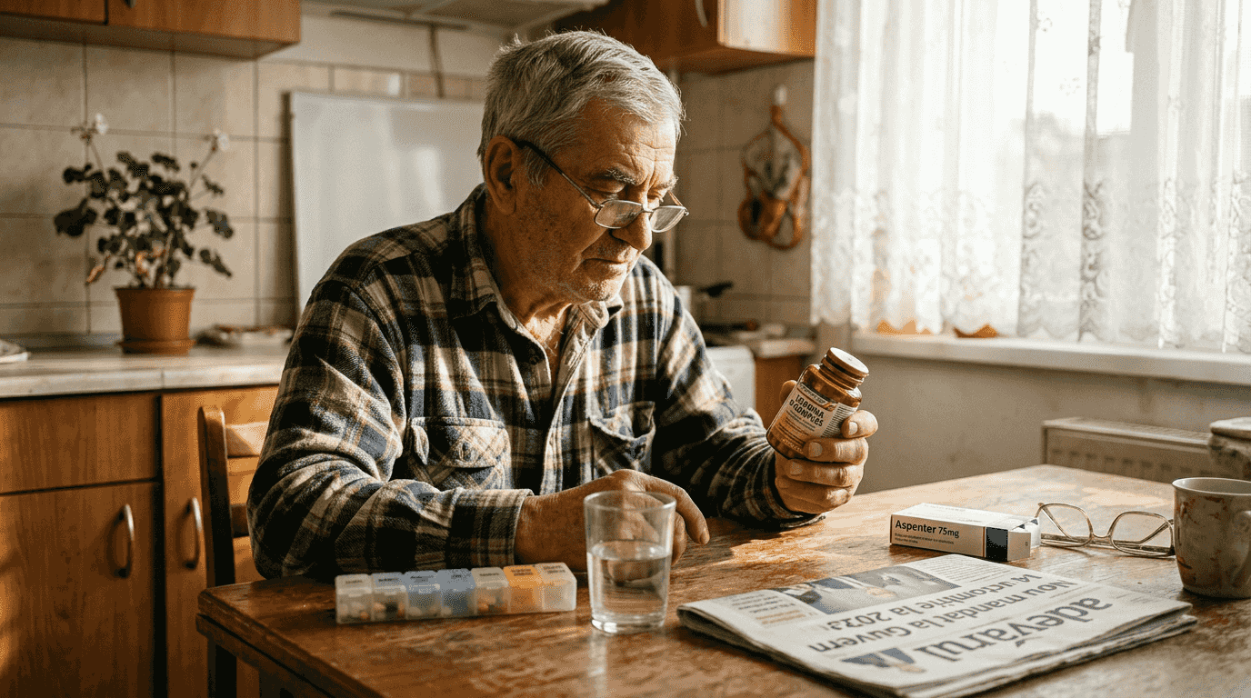 Un bărbat în vârstă analizează cu atenție flacoanele de suplimente cu vitamina B.