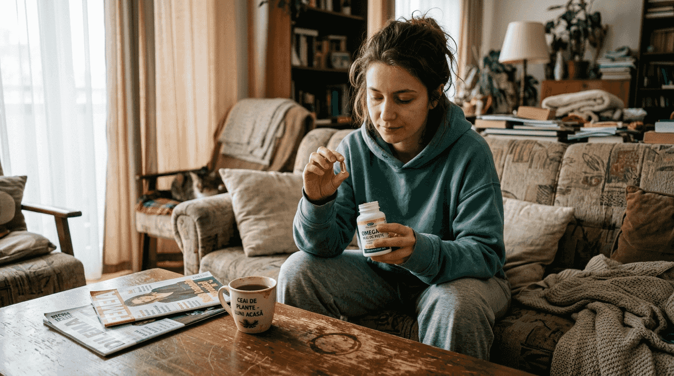 Femeie care își ia doza zilnică de omega-3 acasă