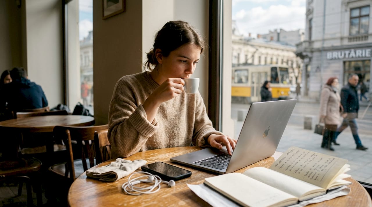 Tânără concentrată la laptop, într-o cafenea din oraș