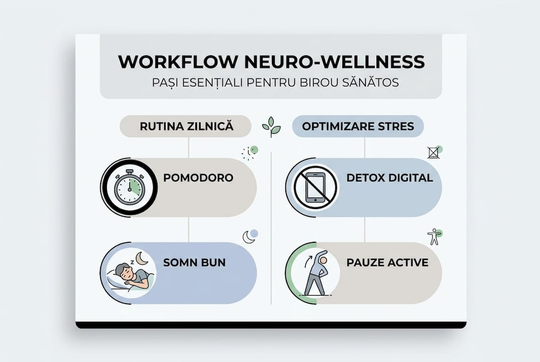 Infografic: etapele esențiale pentru un workflow de neuro-wellness la birou