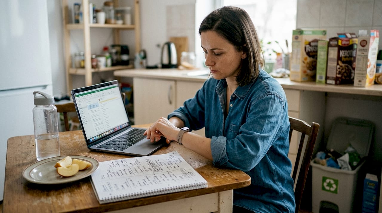 O femeie își verifică brățara de fitness în timp ce lucrează de acasă.