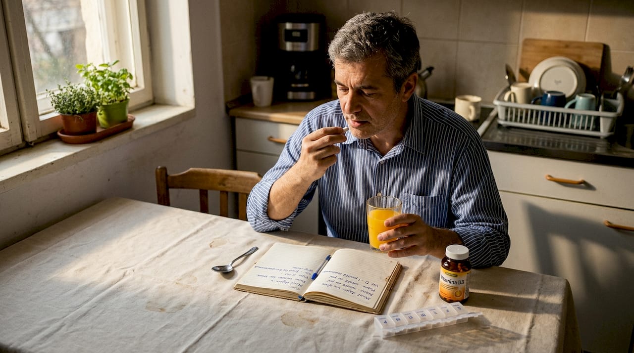 Un bărbat își ia vitamina D în timp ce servește micul dejun.