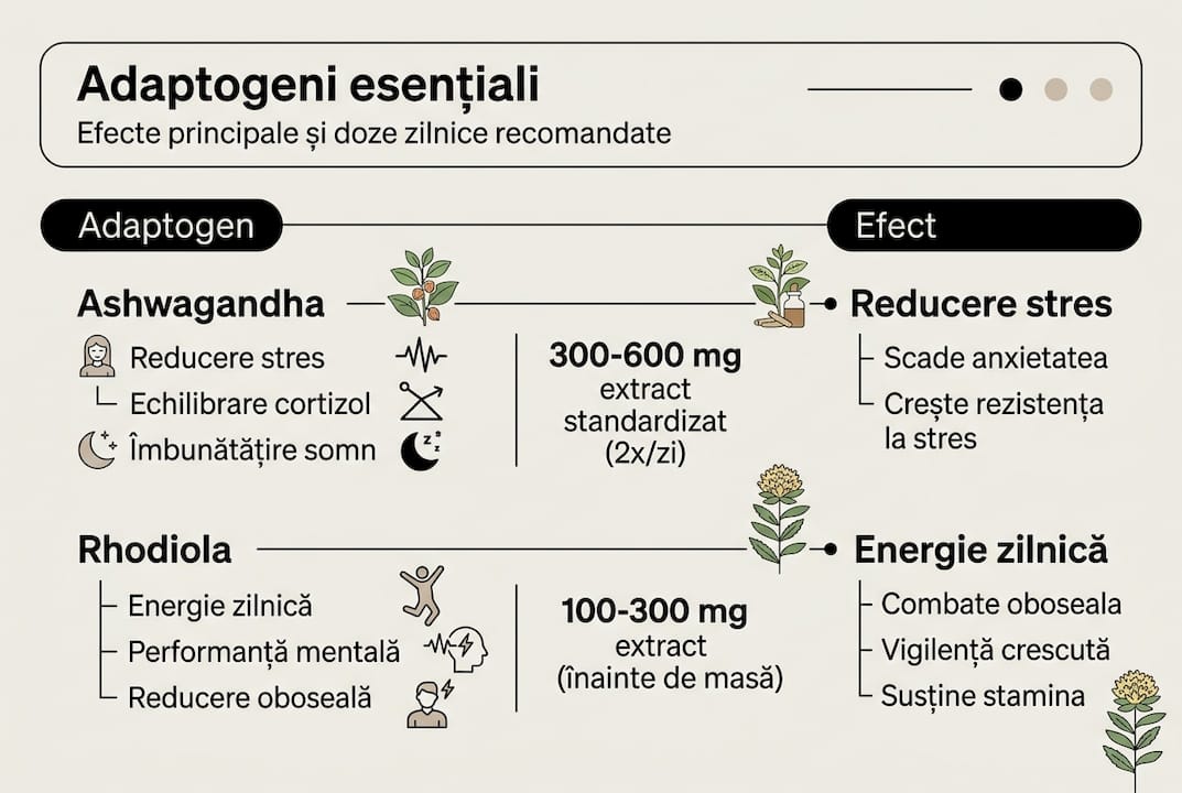 Infografic: comparație între cei mai cunoscuți adaptogeni – beneficii și doze recomandate