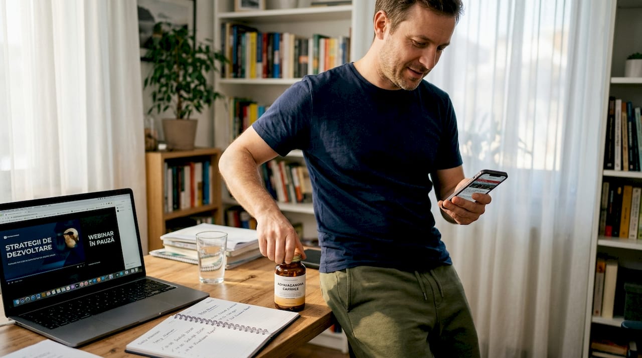 Un bărbat ia ashwagandha la biroul său de acasă, în timp ce lucrează.