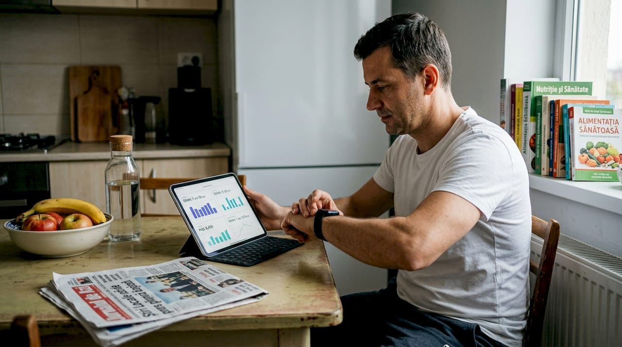 Un bărbat consultă informațiile despre starea lui de sănătate, așezat la masa din bucătărie.