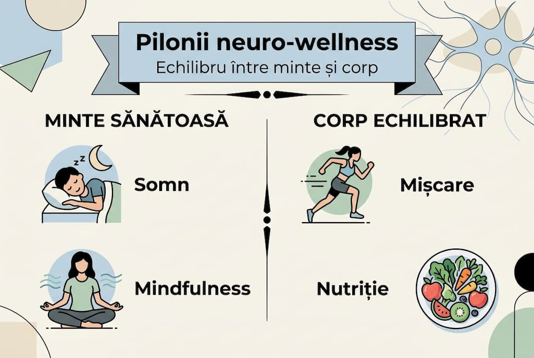 Infografic: elementele esențiale pentru echilibrul minte-corp în neuro-wellness