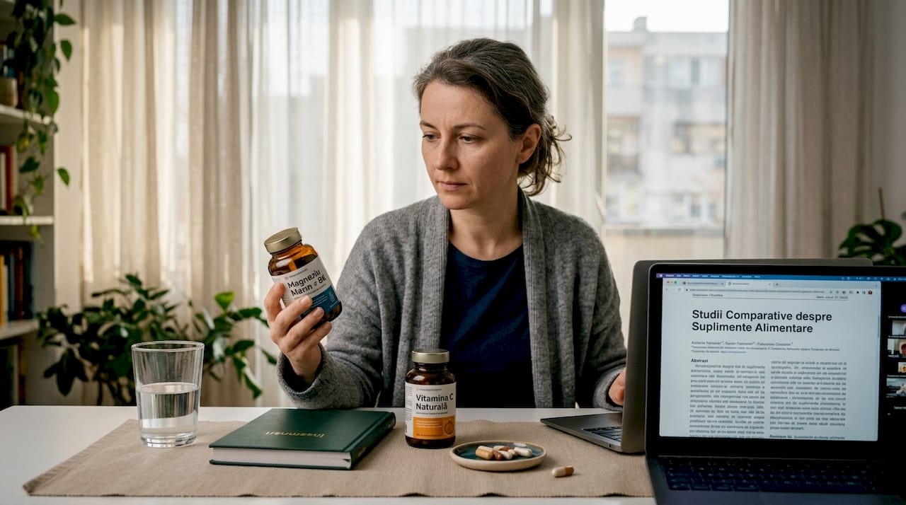 Femeie care analizează și compară suplimente pentru sănătatea creierului, chiar la ea acasă