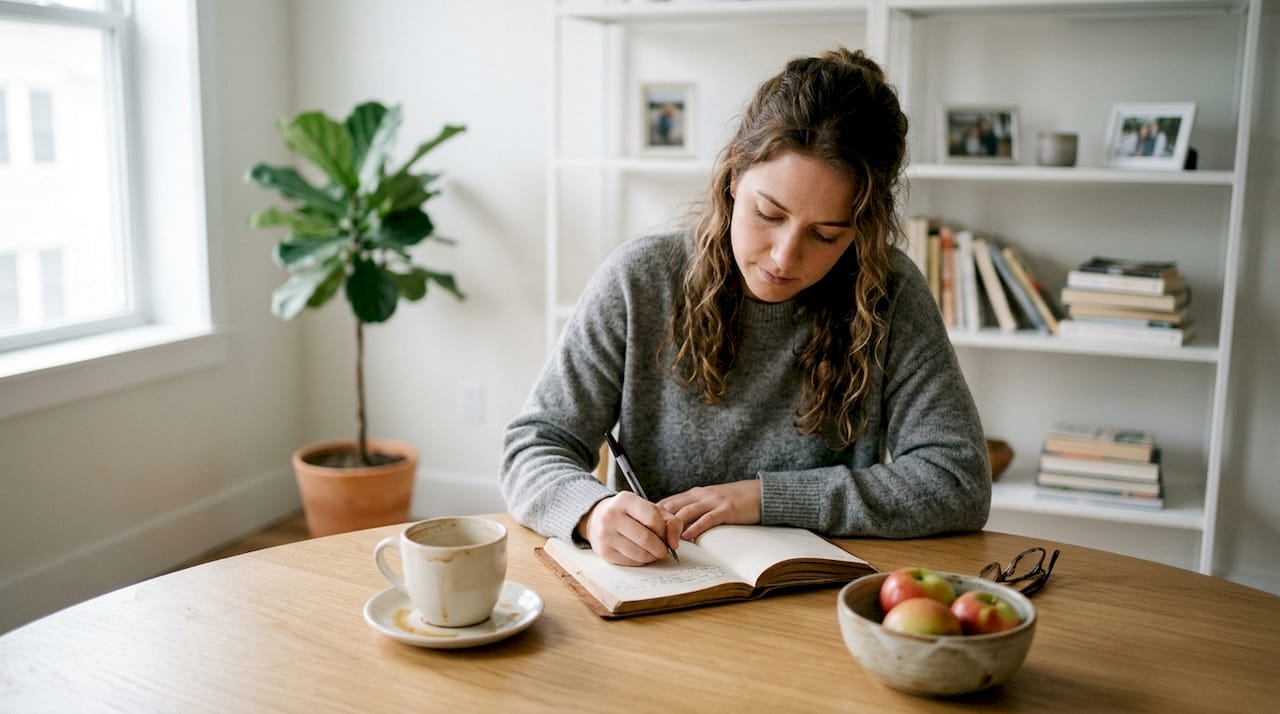 O femeie își notează acasă idei și metode de biohacking pentru a-și îmbunătăți stilul de viață.