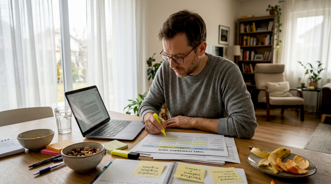 Bărbat analizând diferite tipuri de diete biohacking la masă, încercând să decidă care i se potrivește cel mai bine.