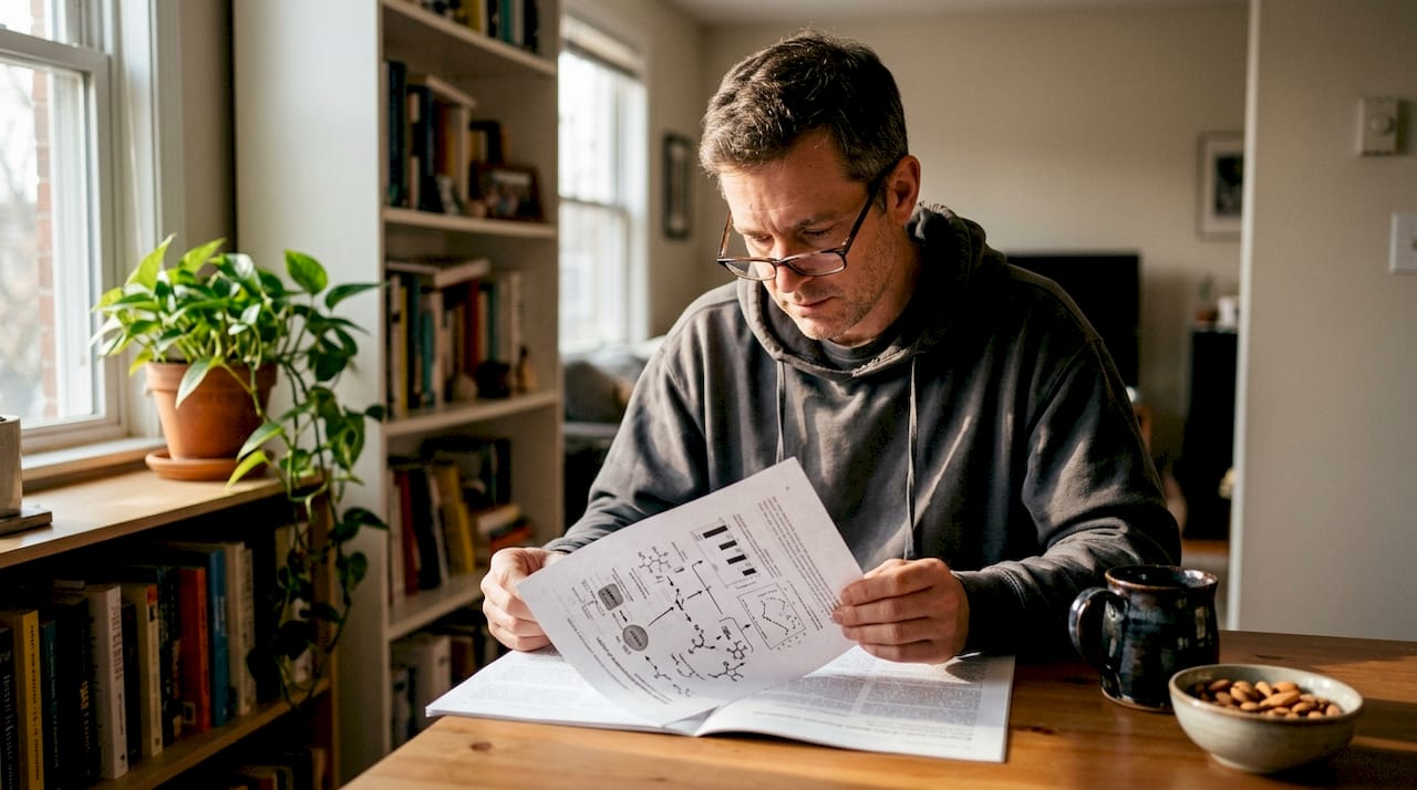 Un bărbat citește un articol despre știința adaptogenelor, relaxat la masa din sufragerie.