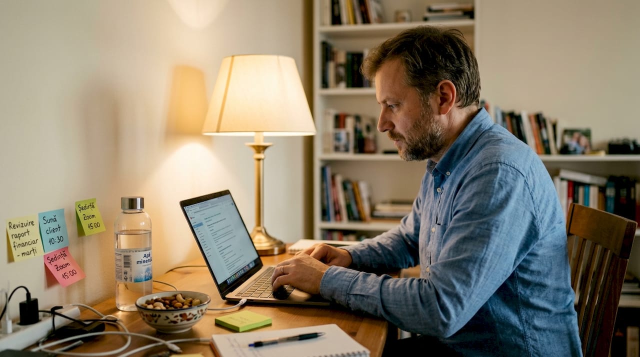 Un bărbat lucrează la birou și ia o gustare sănătoasă între sarcini.