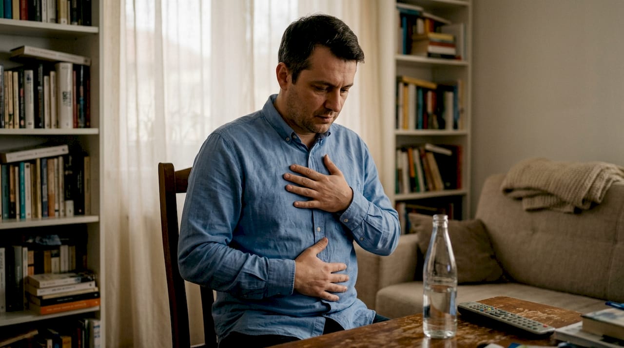 Un bărbat își exersează respirația abdominală în confortul propriei locuințe.