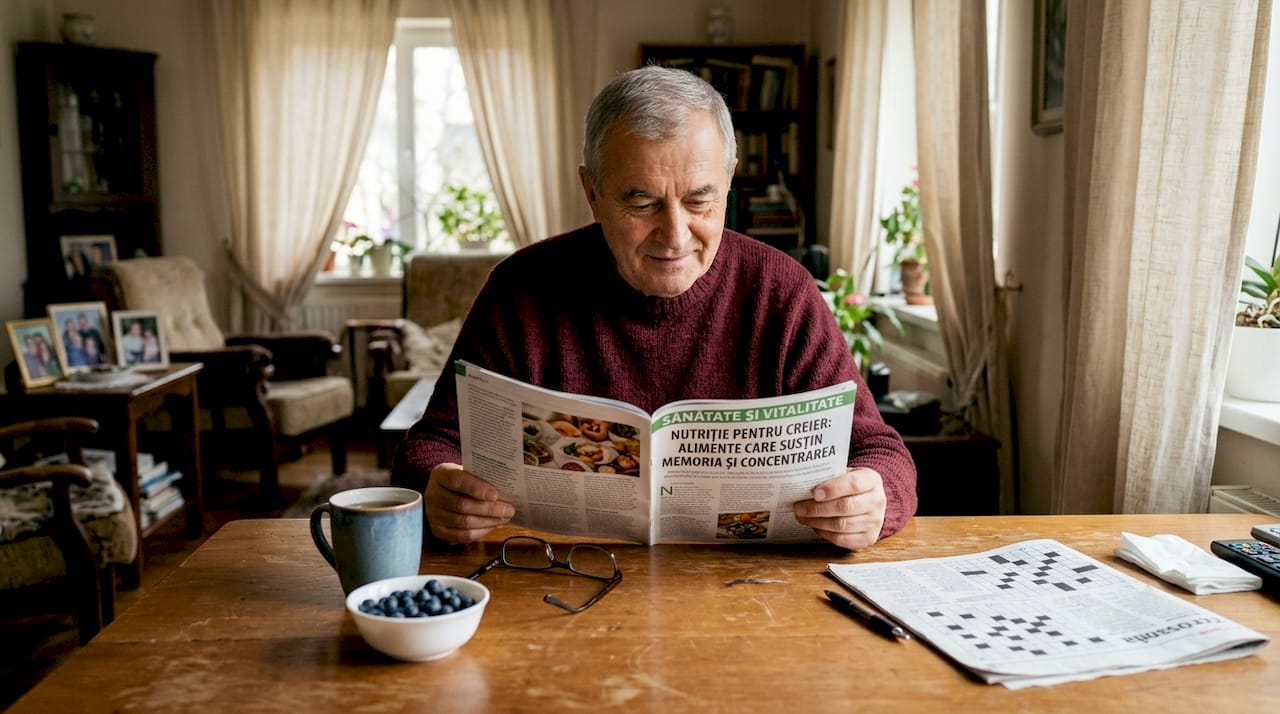 Un bărbat în vârstă stă la masă și citește despre alimentația benefică pentru creier.