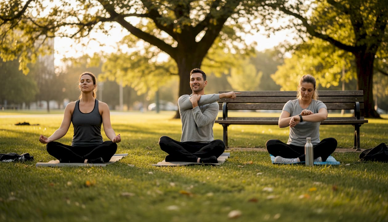 Adulți care practică mindfulness împreună, în aer liber
