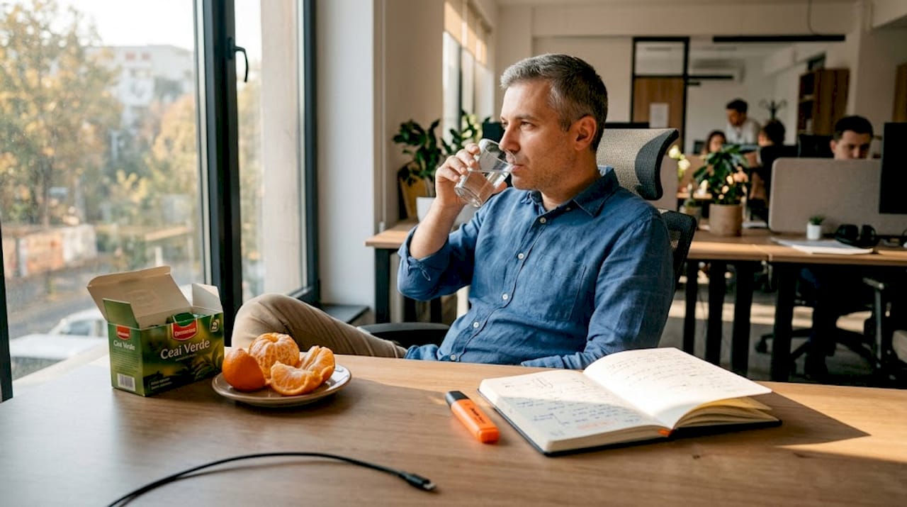 O pauză scurtă la birou, un pahar cu apă rece și ceva bogat în antioxidanți – combinația perfectă pentru un plus de energie în timpul programului.