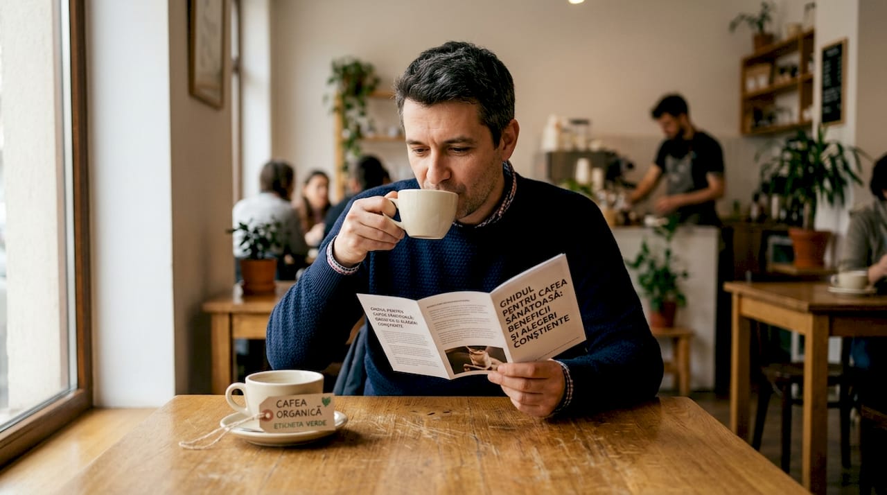 Un bărbat analizează diferențele dintre două cafele într-o cafenea, încercând să decidă care îi place mai mult.