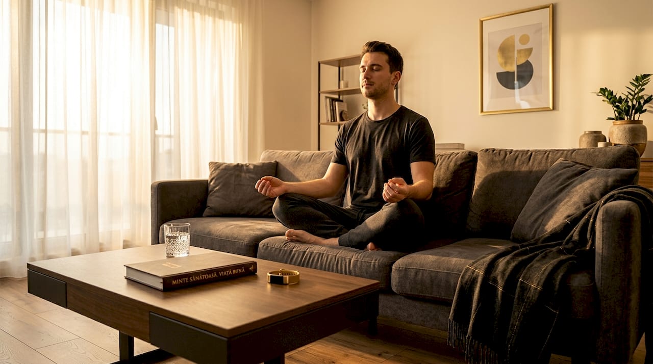 Un bărbat care își găsește liniștea meditând într-un living luminos