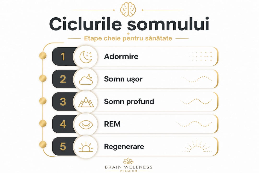 Ilustrație care explică pașii prin care trecem în timpul unui ciclu de somn