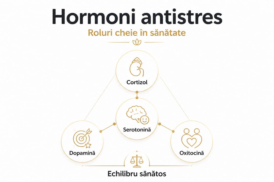 Infografic structurat despre cei mai importanți hormoni implicați în reducerea stresului