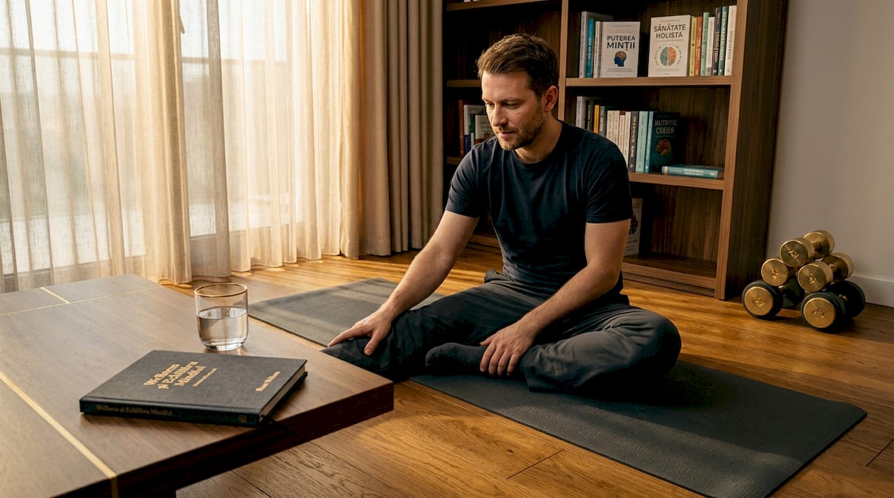 Bărbat făcând exerciții de întindere lângă salteaua de yoga, acasă