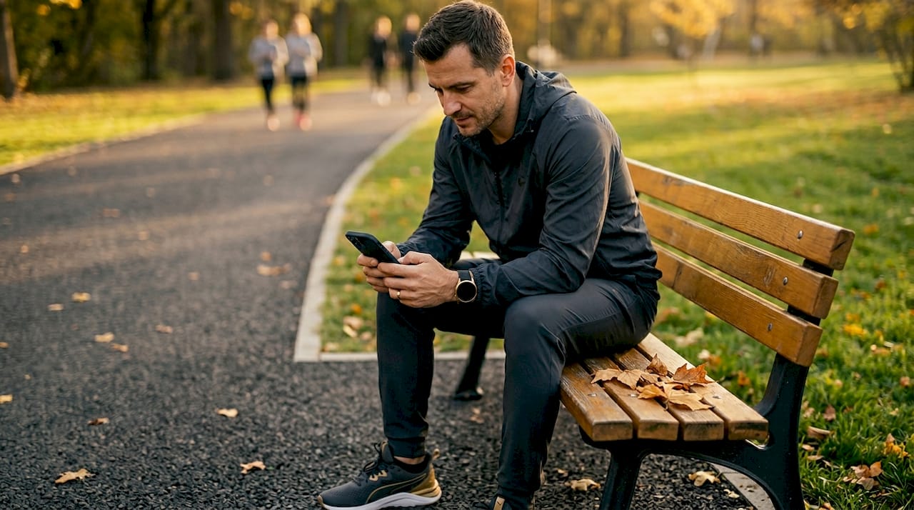 Un bărbat își actualizează aplicația de fitness pentru a-și consolida rezistența și a face față mai bine provocărilor zilnice.