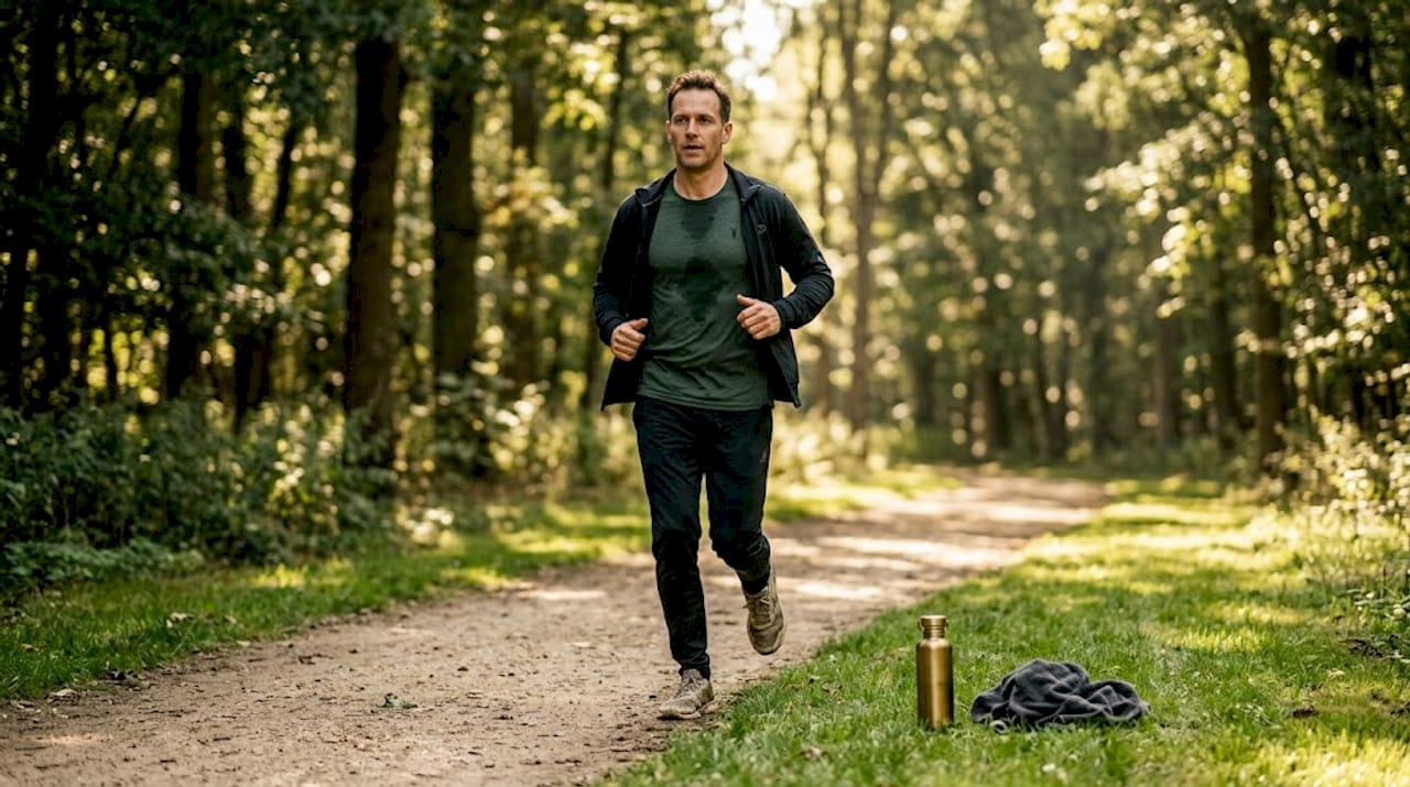 Un bărbat face jogging prin parc pentru a-și menține mintea sănătoasă.